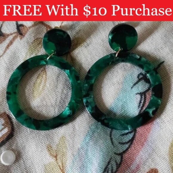 Emerald Green Mottled Acrylic Circle Pierced Earrings NOC Gold Tone RED BANNER - Picture 1 of 5